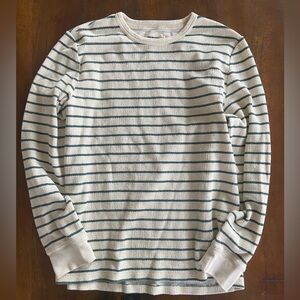 Taylor Stitch Cream and Teal Striped Crewneck Sweater